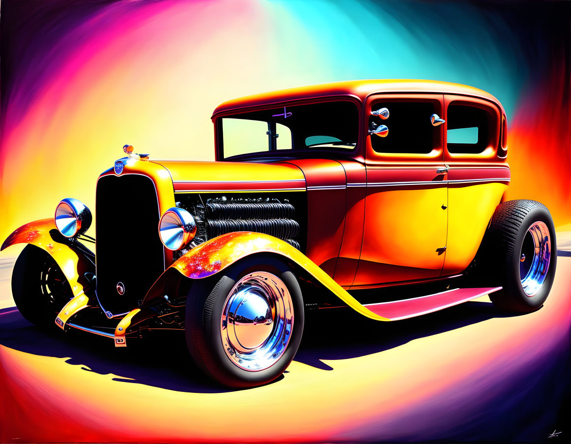 Colorful Hot Rod Illustration with Orange Body and Chrome Details