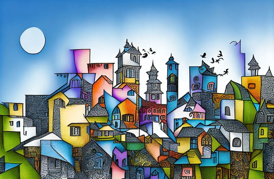 Vibrant painting of clustered town with varied architecture and birds in the sky