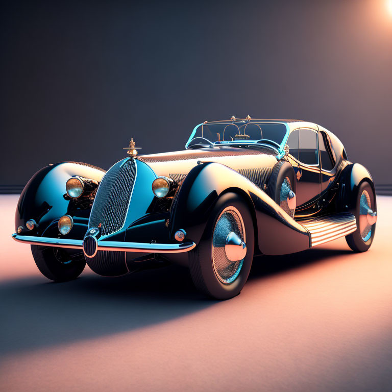 Classic luxury car in sleek black and chrome design on soft-lit backdrop