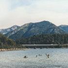 People swimming in mountain lake with snowy peaks and pine trees.