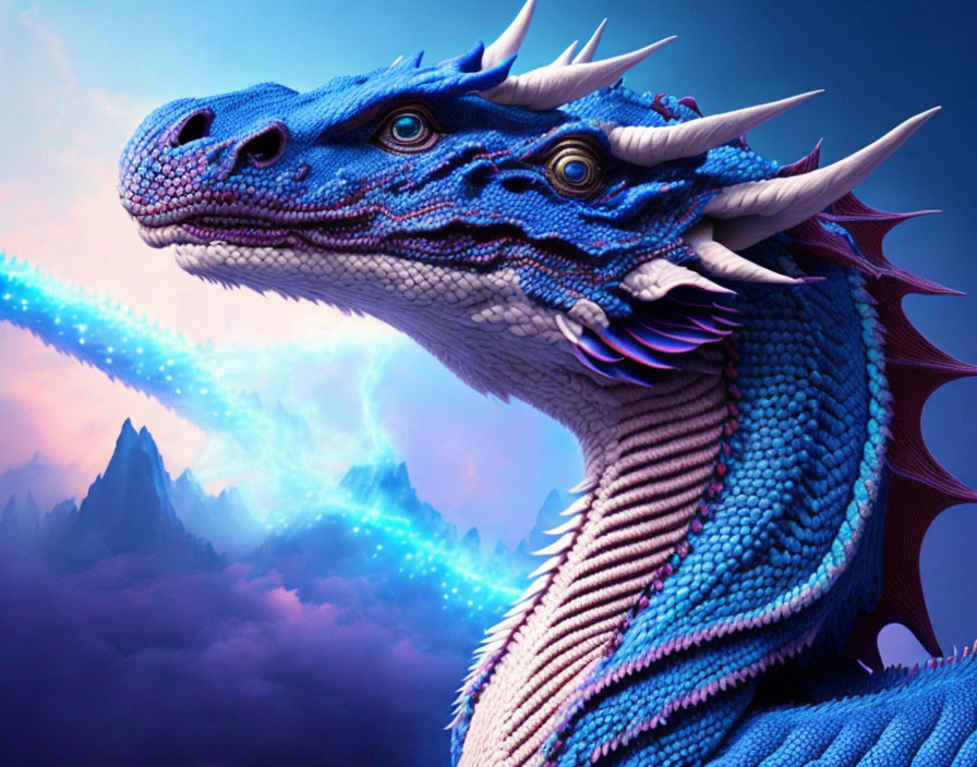 Blue dragon with horns and spiky ridges in mystical purple sky.