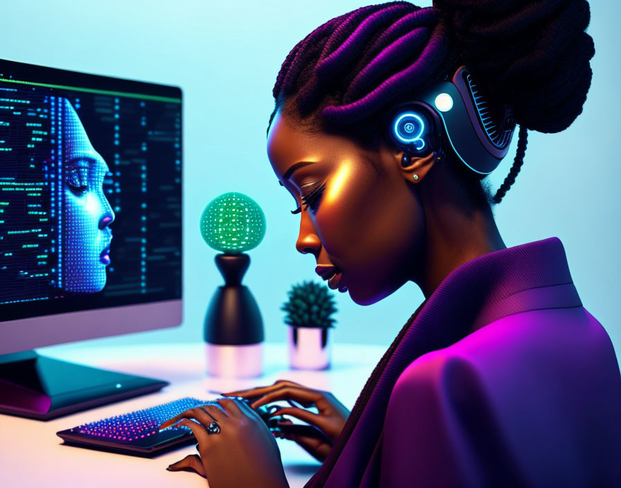 Woman Coding with Headphones Under Neon Lights