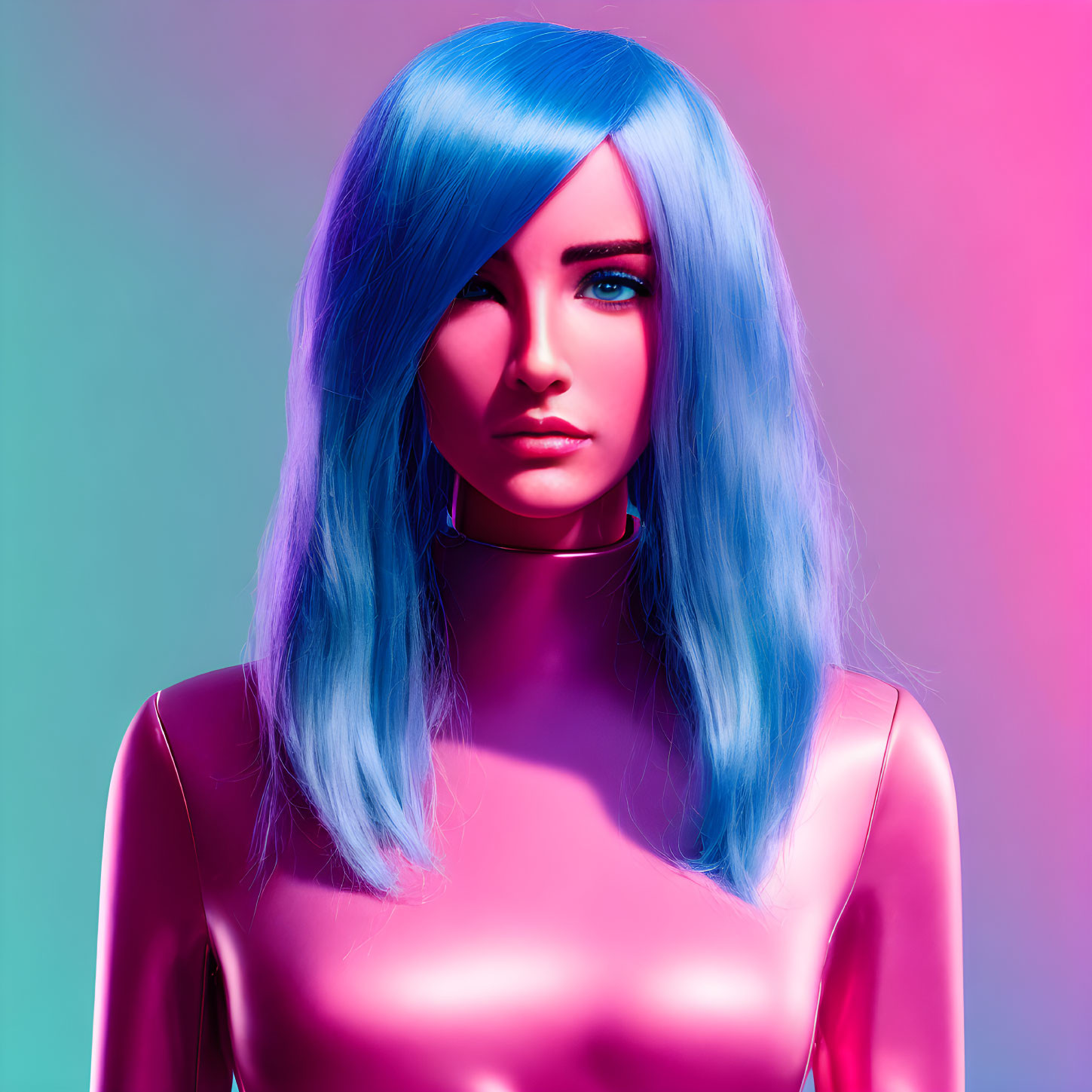 Vibrant digital art portrait: woman with blue hair, silver choker, pink and teal backdrop