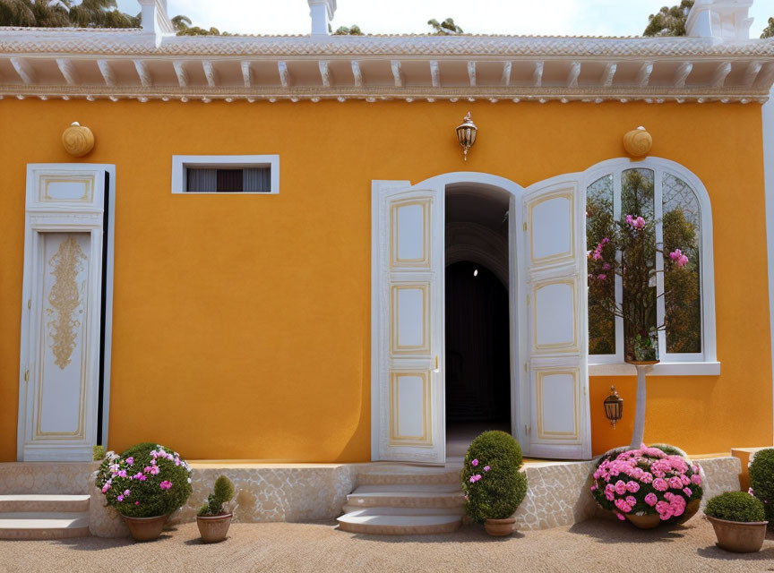 Bright Yellow House with White Door Frames and Open Double Doors, Surrounded by Potted Plants and Top