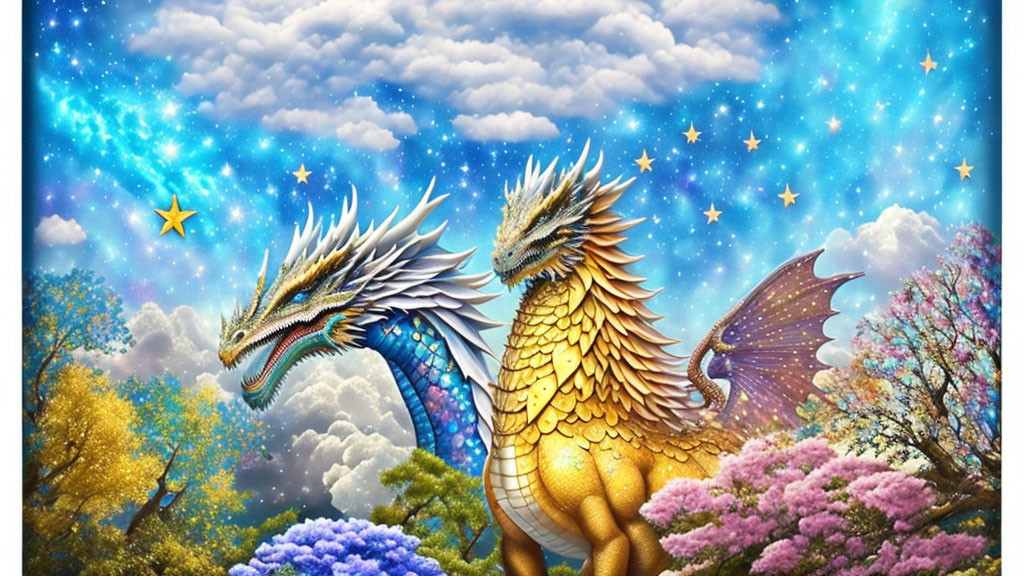 Majestic dragons in vibrant landscape with blooming trees