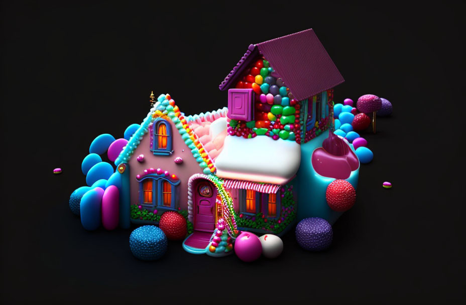 Vibrant 3D-rendered gingerbread house with candy decorations