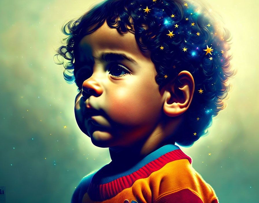 Toddler with Curly Hair in Colorful Sweater Among Twinkling Stars