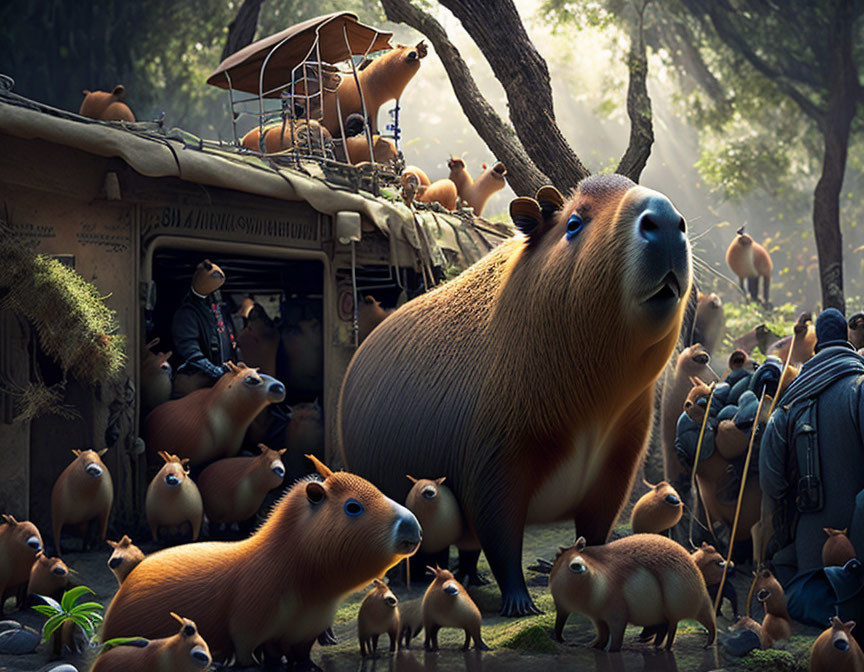 Anthropomorphized capybaras in forest scene with large one by old car
