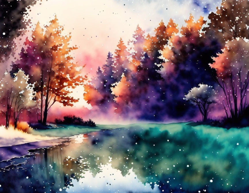 Colorful Watercolor Painting of Forest and River at Sunset or Sunrise