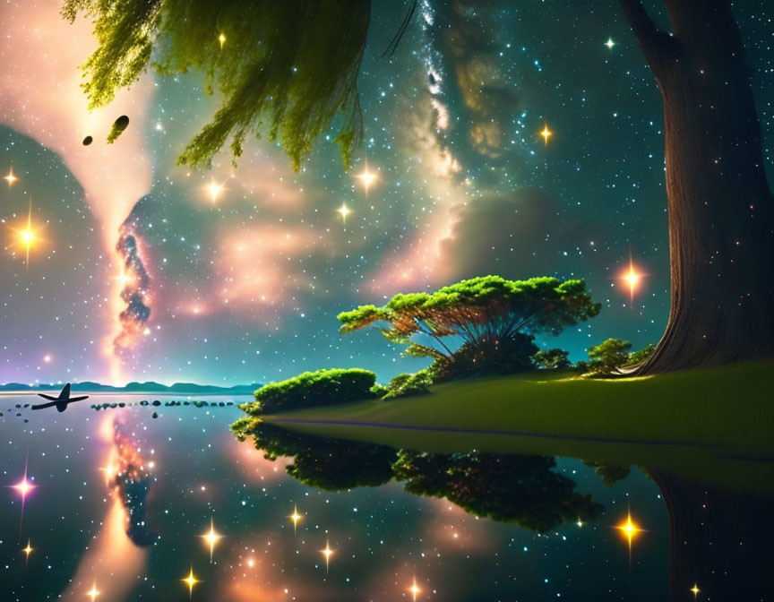 Fantastical landscape with tree, stars, and colorful night sky reflected on water