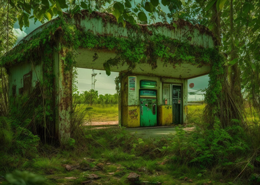 Abandoned gas station with vintage fuel pumps and overgrown greenery
