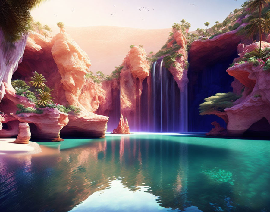 Vibrant waterfall in surreal landscape with lush greenery and pink-hued rock formations