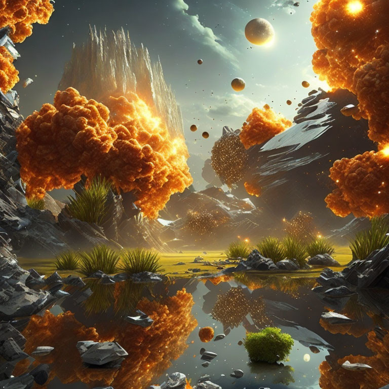 Fantastical landscape with fiery sky explosions and floating rocks