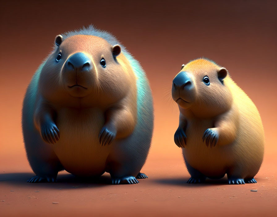 Exaggerated animated capybaras under warm dramatic lighting