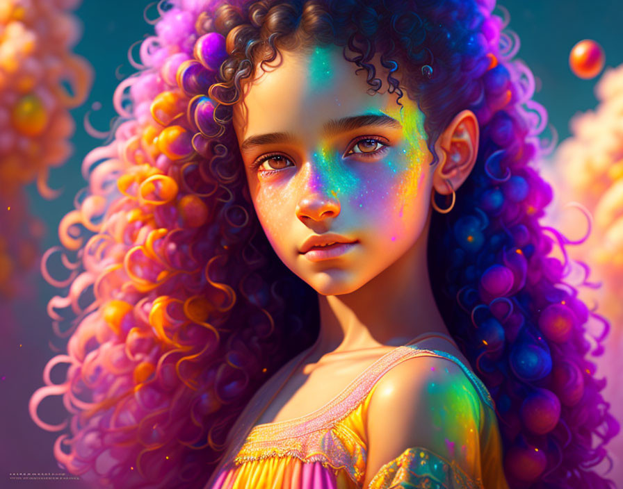 Colorful digital artwork: Young girl with curly hair and glittering skin under warm light