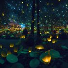 Enchanting night scene: bioluminescent plants, fireflies, starlit sky, aur