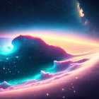 Colorful digital art: cosmic wave merging ocean and space