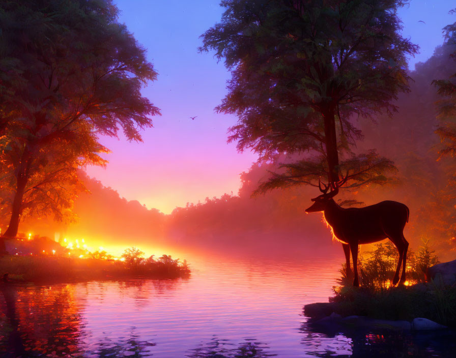 Tranquil twilight landscape with silhouetted deer by serene lake