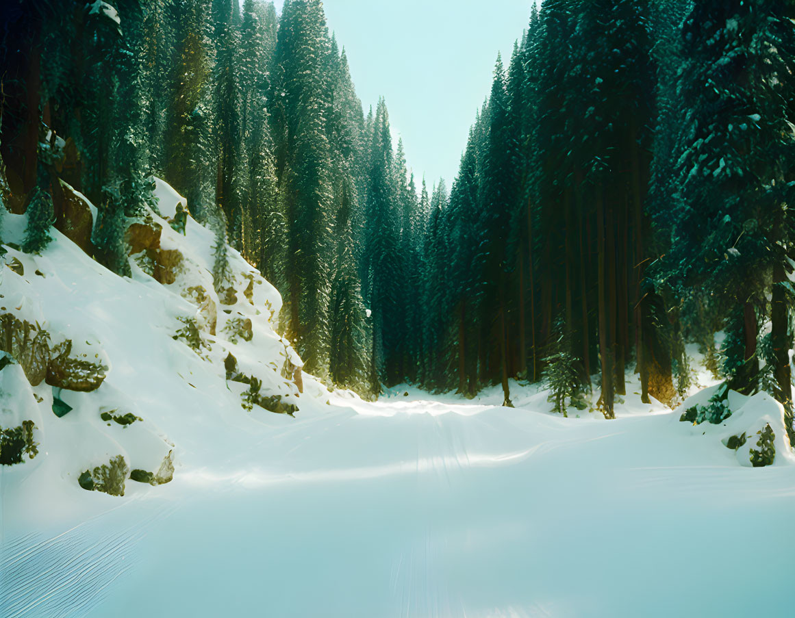 Snow-covered landscape with pine trees and trail.