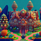 Colorful 3D digital artwork featuring dinosaur sculptures and lush greenery at an eastern-style temple.