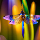 Colorful Dragonfly Artwork with Iridescent Wings on Floral Background