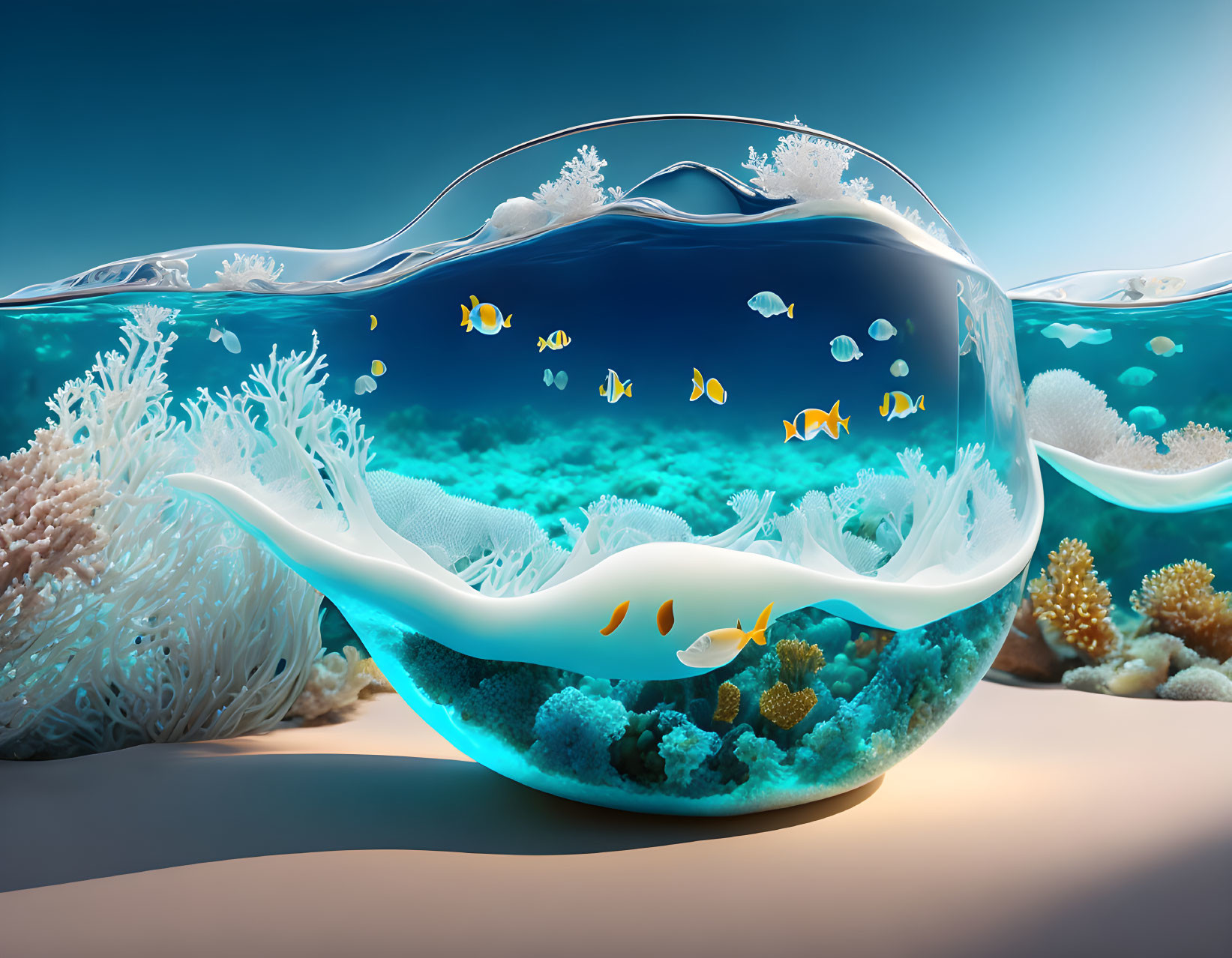Digital artwork: Fishbowl merging with underwater seascape, featuring coral, fish, and anem