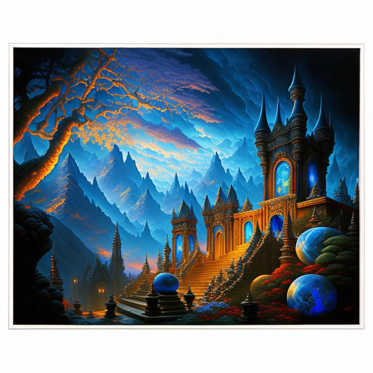 Fantastical illuminated castle in mountain landscape at night