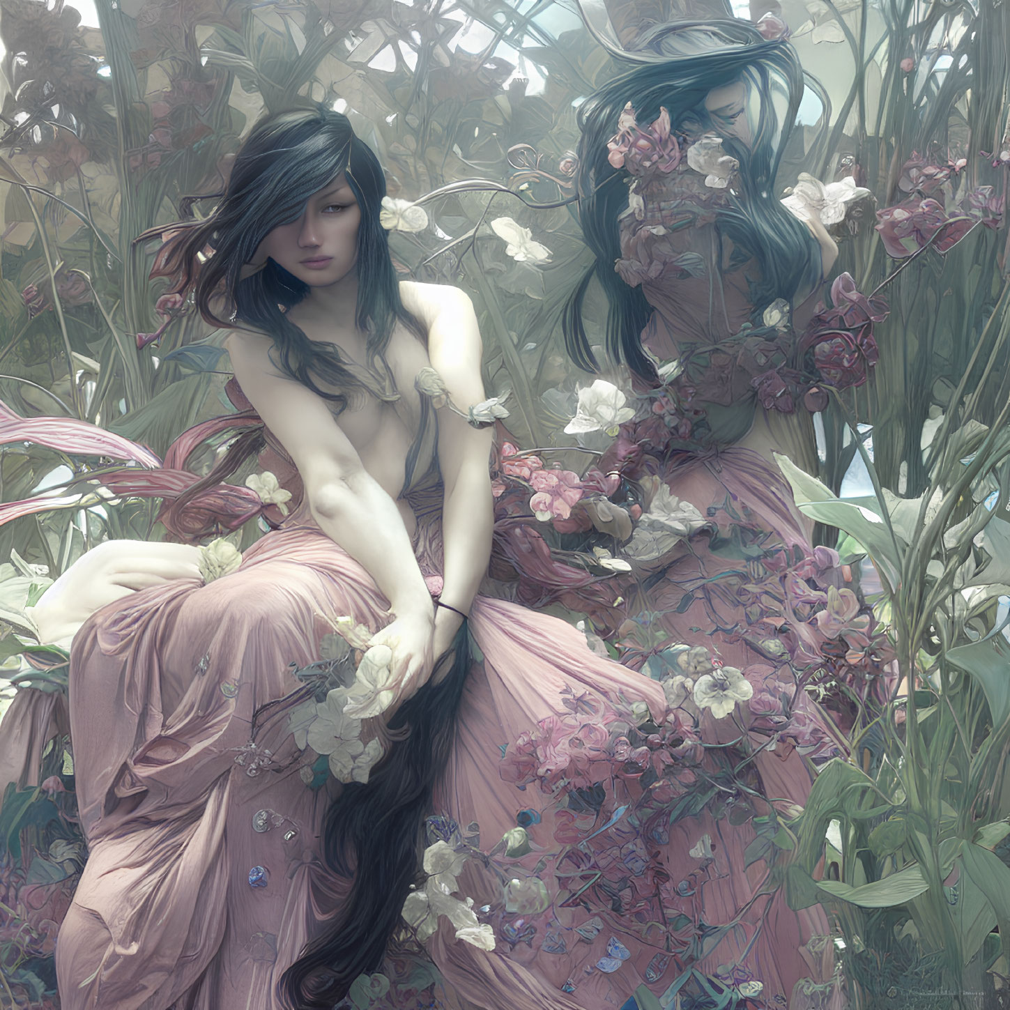 Ethereal women in flowing dresses with pink flowers in misty grove