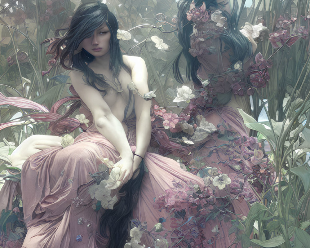 Ethereal women in flowing dresses with pink flowers in misty grove
