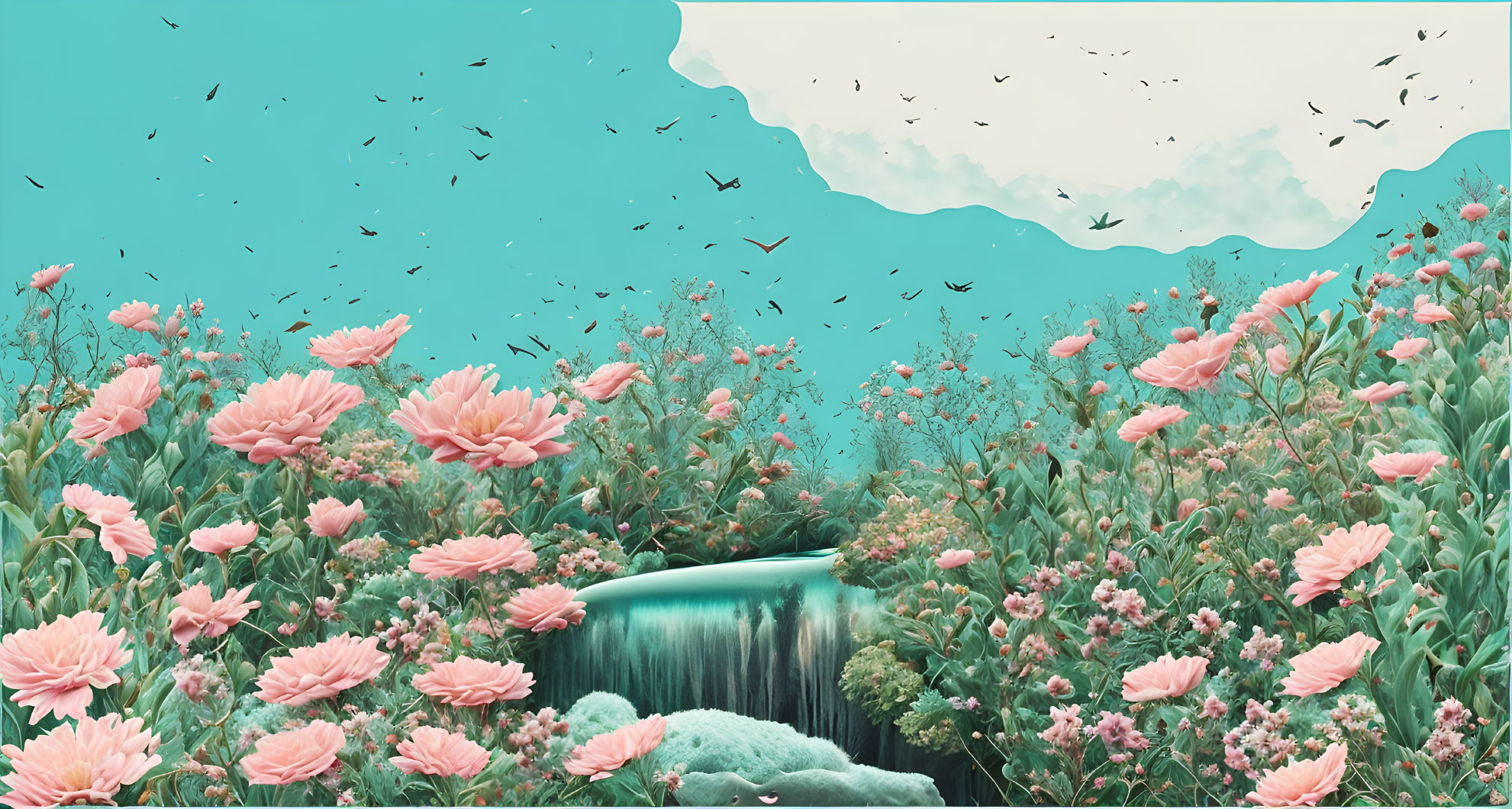 Tranquil digital artwork of lush waterfall and pink flowers