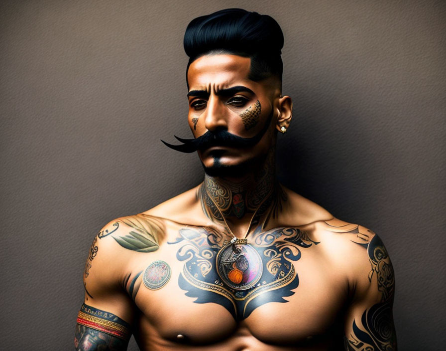 Stylized illustration of man with elaborate mustache, slicked-back hair, and chest tattoos