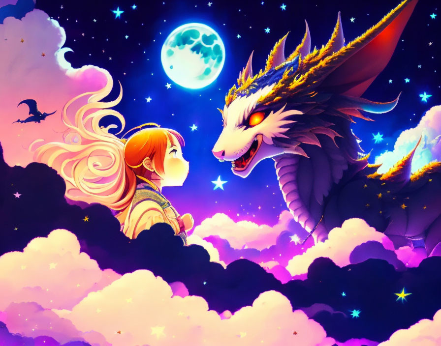 Girl with flowing hair and friendly dragon under purple night sky with stars and full moon