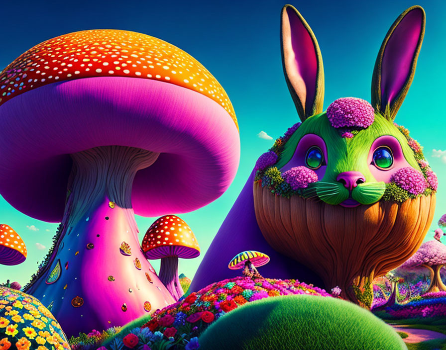 Colorful digital art: whimsical bunny with leafy beard among giant mushrooms