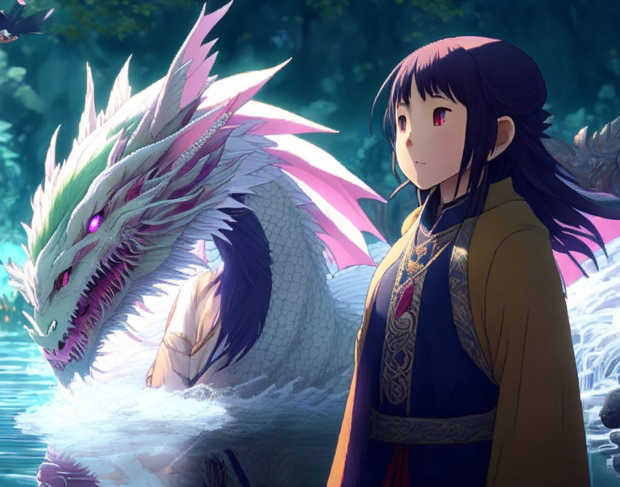 Traditional Attire Girl with Majestic White Dragon in Mystical Forest