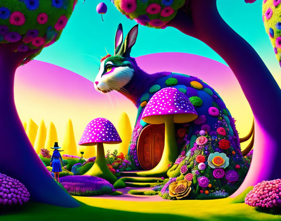 Colorful fantasy landscape with rabbit-shaped structure and giant mushrooms
