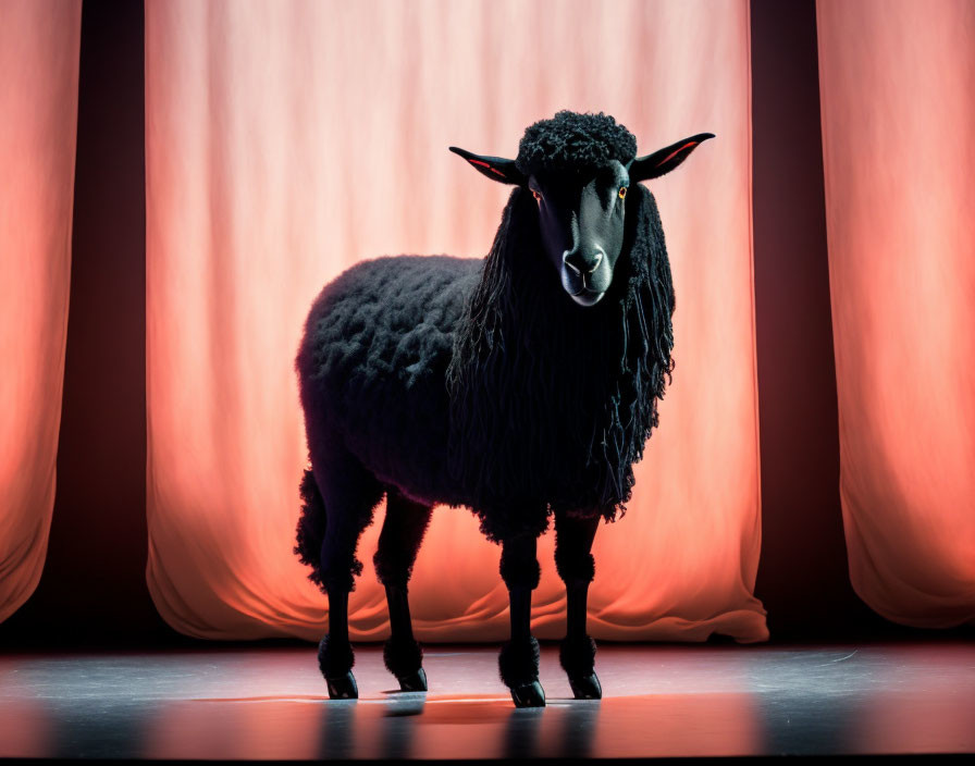 Black sheep on stage with pink curtain backdrop and dramatic lighting