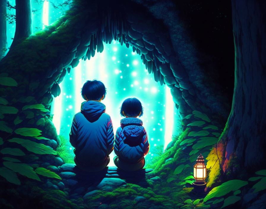 Two people sitting at forest entrance at night, looking at glowing blue lights