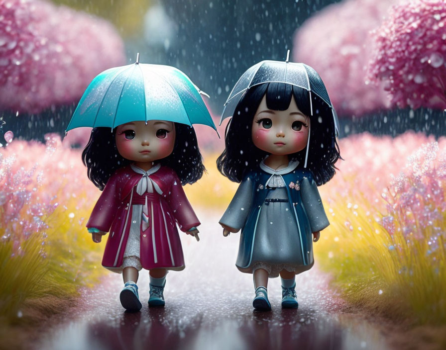 Colorful doll-like figures with umbrellas in a serene, rainy setting