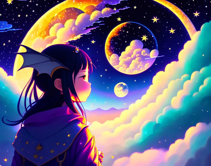 Dark-Haired Girl in Anime-Style Fantasy Night Sky