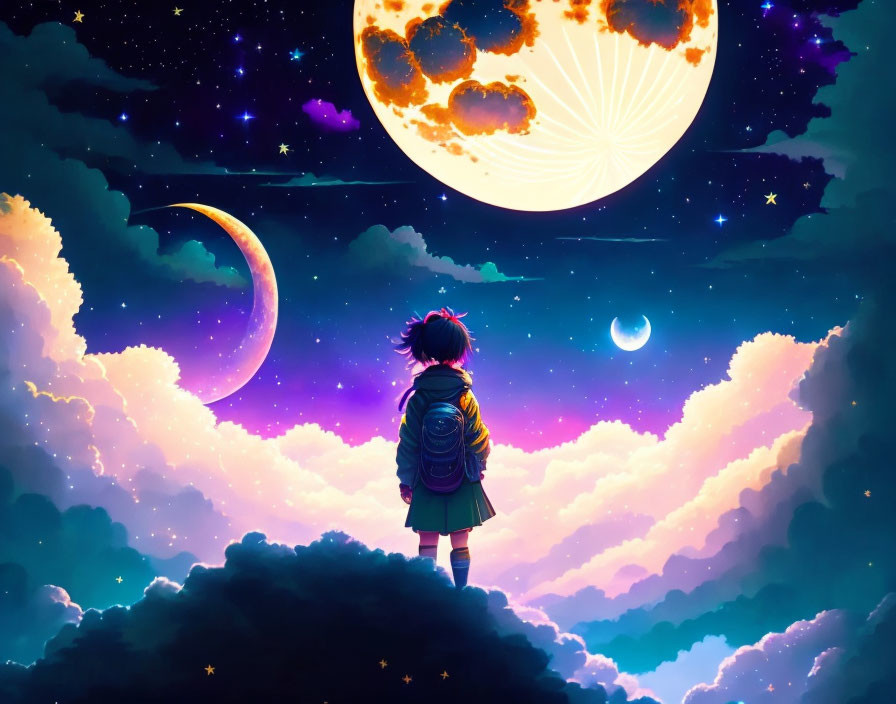 Child standing on clouds under surreal sky with moon and stars