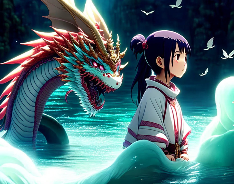 Young girl in traditional outfit with water dragon under moonlight