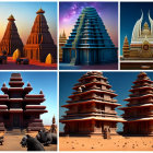 Six Images of Tiered Temple Structures with Intricate Designs under Blue Skies