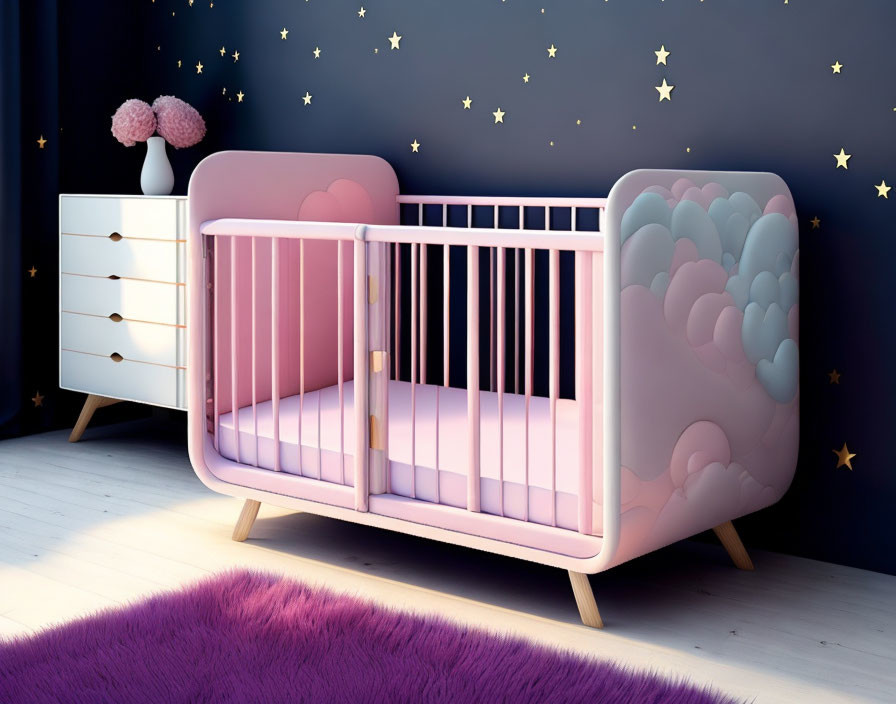 Modern Nursery Room with Pink Crib, Star Decals, White Dresser, and Purple Rug