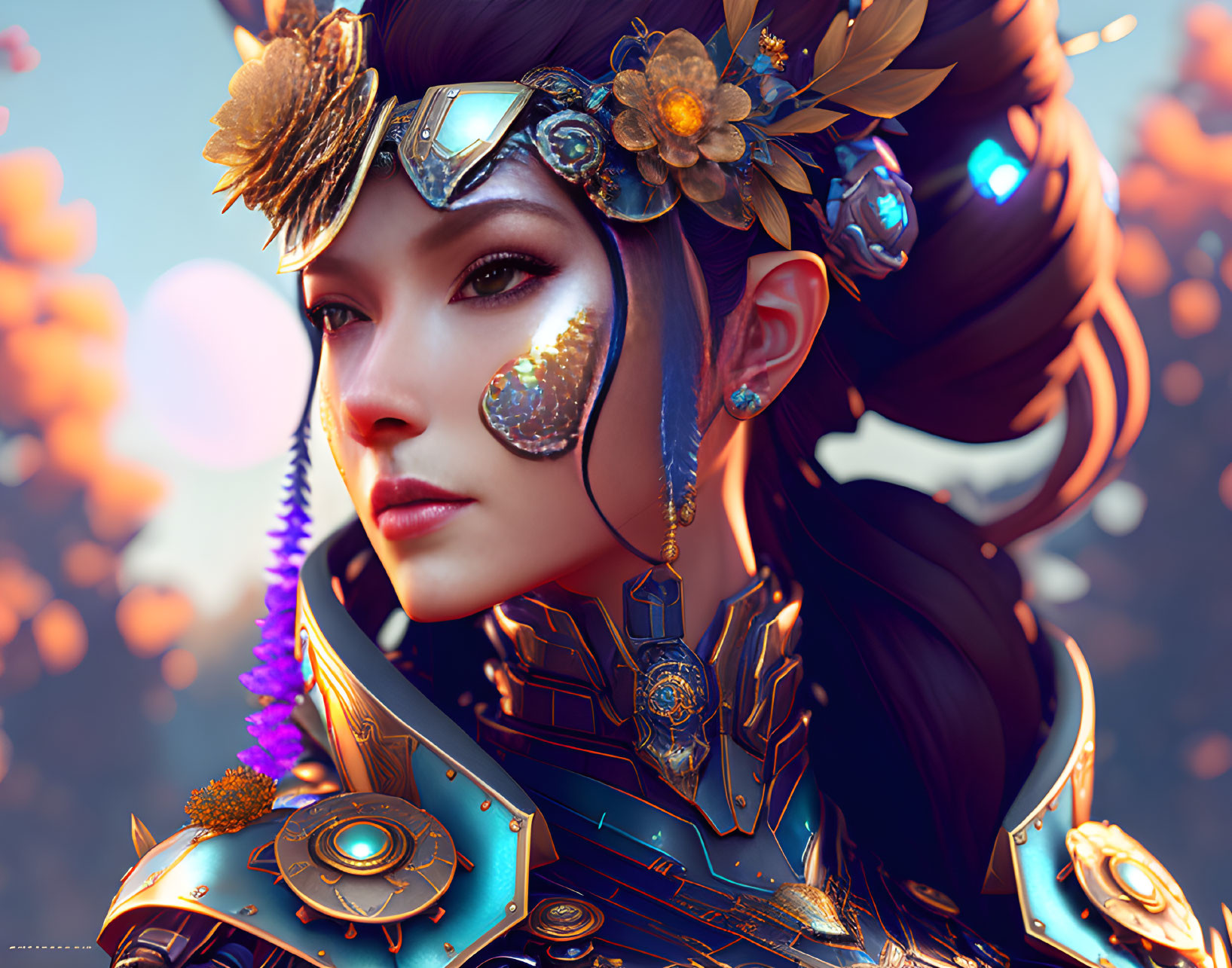 Digital art portrait of woman in futuristic blue and gold armor with ornate headdress and facial jewelry on