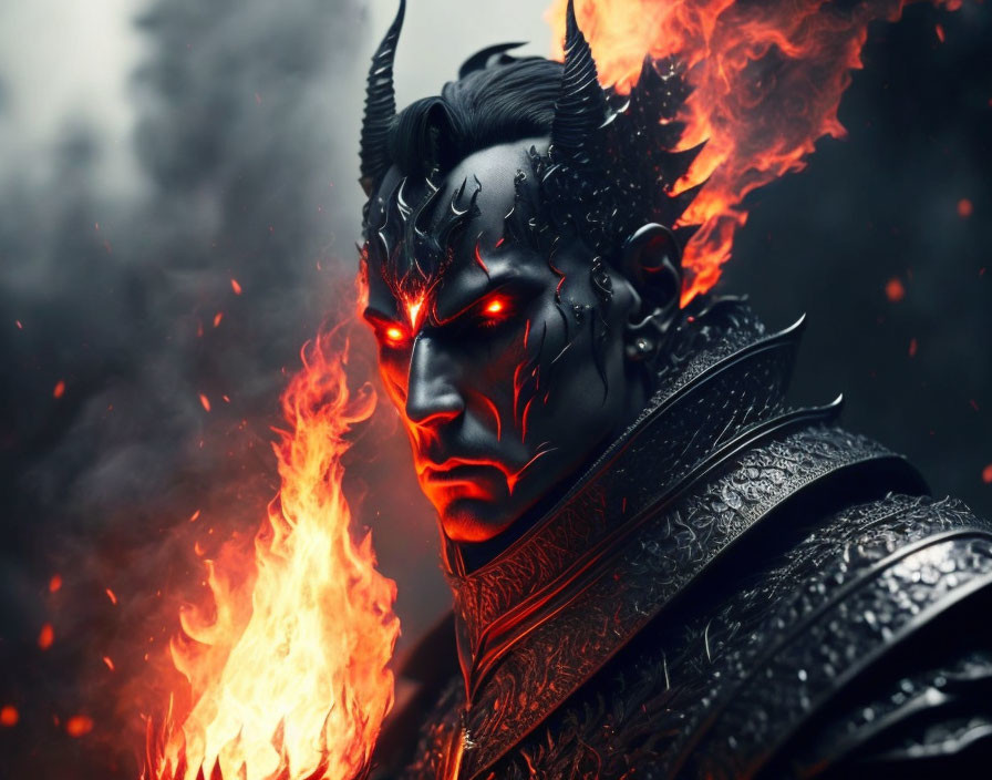 Sinister figure with horns, red eyes, flames, and dark armor in misty backdrop