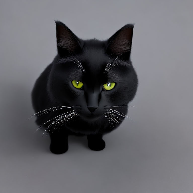 Digital Illustration: Black Cat with Green Eyes on Grey Background