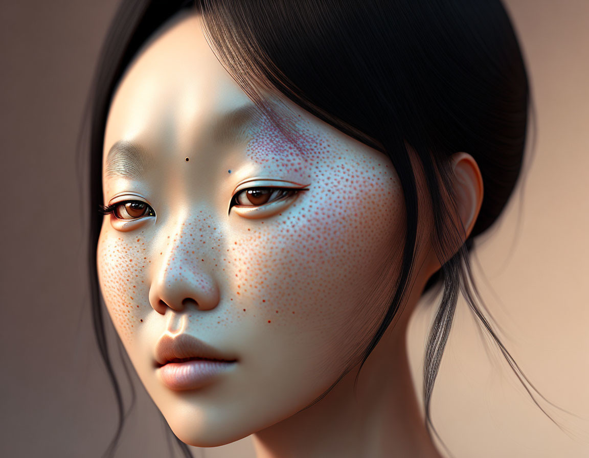 Asian Female Portrait with Detailed Skin Texture and Freckles