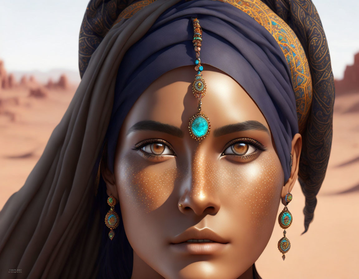 Digital Artwork: Woman with Turquoise Eyes in Desert Scene