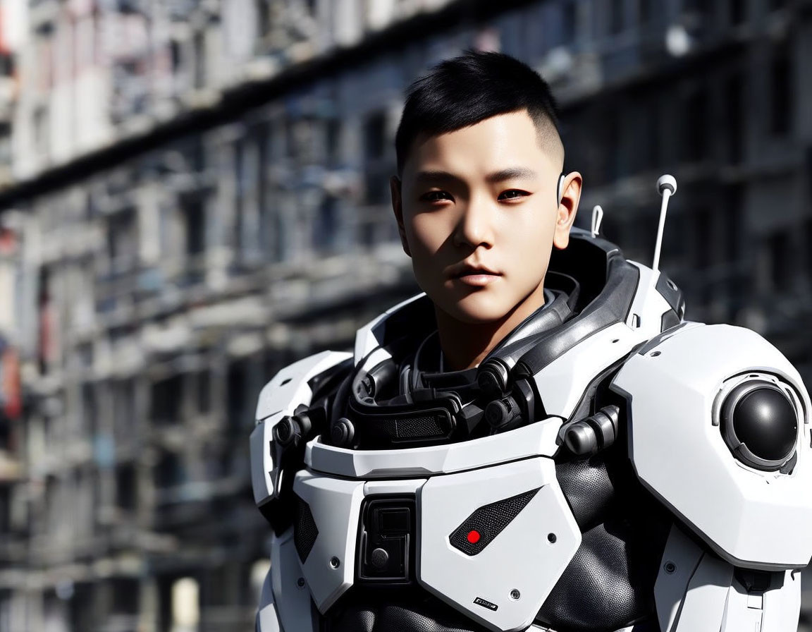 Short-Haired Person in Futuristic Armor with Robotic Elements in Urban Setting