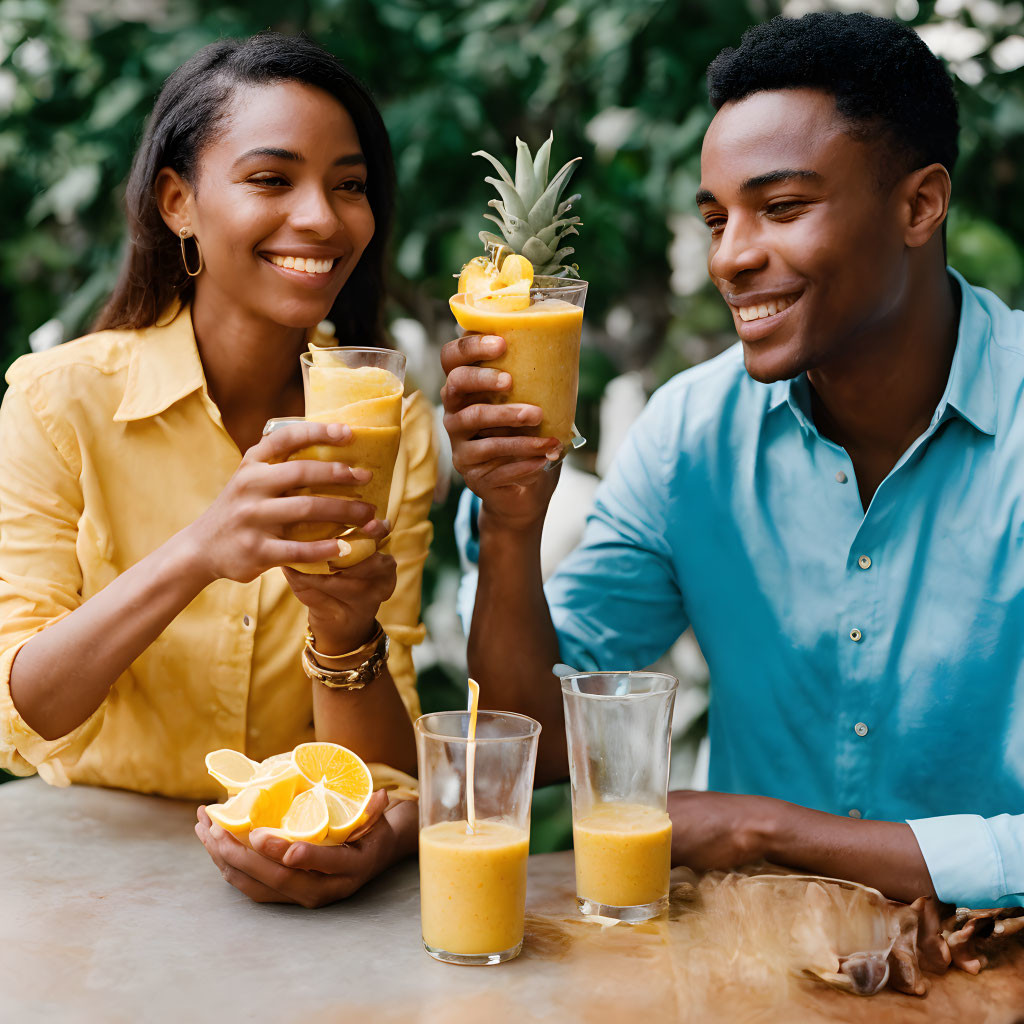Young man and woman drinking delicious smoothie